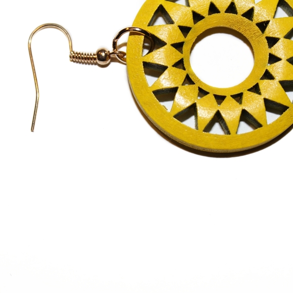 *2 for $15* Yellow Sun Wood Drop Earrings - Picture 3 of 4